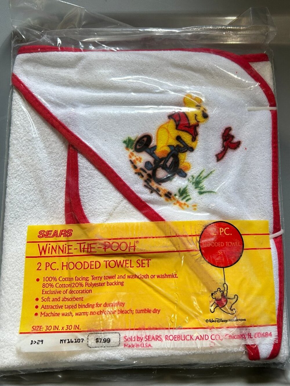 Vintage Sears Winnie the Pooh Hooded Baby Bath Towel & Washcloth - Red